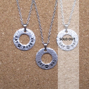 Cat Parent | Cat Mom | Cat Dad | Metal Stamped Necklace | % of profits donated to The Trevor Project | circle