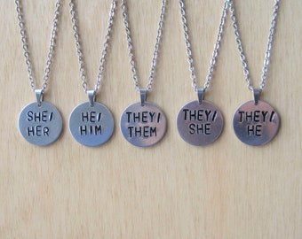 Pronouns | LGBTQIA+ | Metal Stamped Necklace | % of profits donated to The Trevor Project | circle