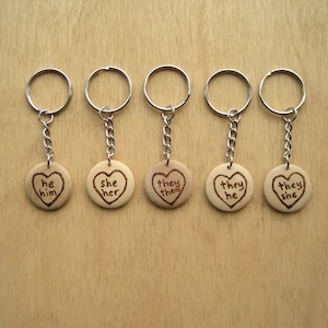 Pronouns | Keychain | He Him | She Her | They Them | They He | They She | LGBTQIA+ Pride | % of profits donated | The Trevor Project