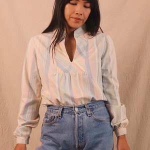 Vintage 70s Pastel Striped Shirt | Size Medium | Long Sleeve