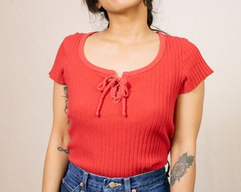 Vintage 90s Sideout Red Ribbed Shirt | Size Small-Medium | Lace-Up Bust Detail, Scoop Neckline, Cotton/Spandex
