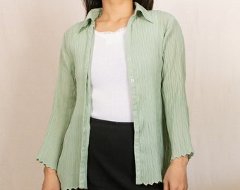 Vintage 90s Seafoam Green Blouse | Size Medium-Large