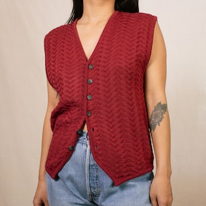 Vintage 80s Burgundy Textured Knit Vest with V-Neck by Bill Robinson | Size Medium-Large