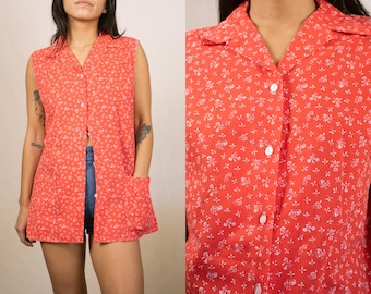haut à smocks fleuri vintage des années 60 | Taille Grand | Rouge | Boutonné