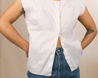 chemisier brodé en lin vintage des années 50 | Taille S-M