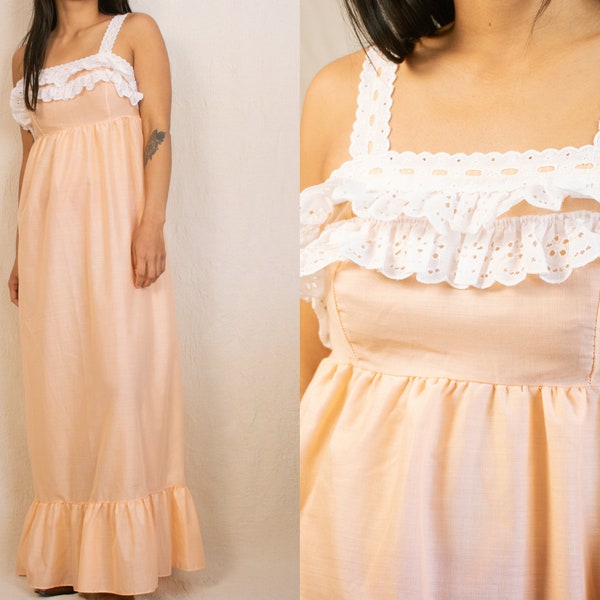 Vintage 70s Peach Prairie Maxi Dress with Ruffle Eyelet Detail | Size XS/S