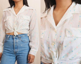chemisier fleuri court vintage des années 60 | Taille Petit | Manches longues | Collier de poignard