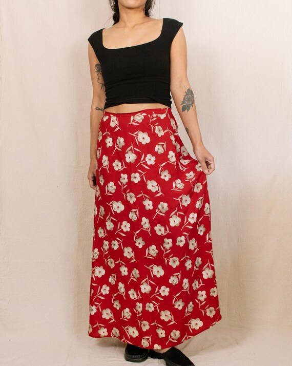 Vintage 90s Red Floral Maxi Skirt | Size 28” - Etsy