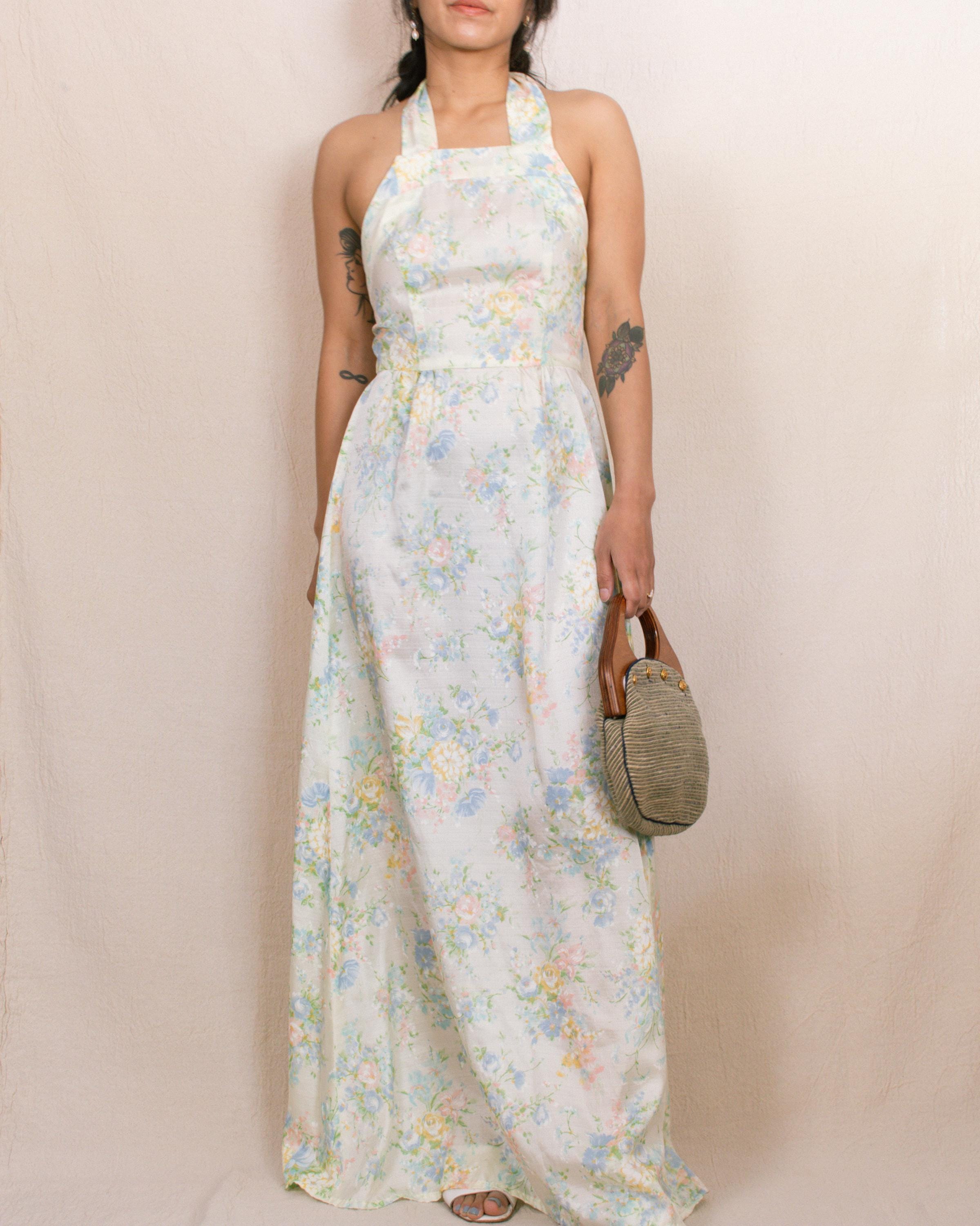 Vintage Yellow Floral Lace-up Halter Dress
