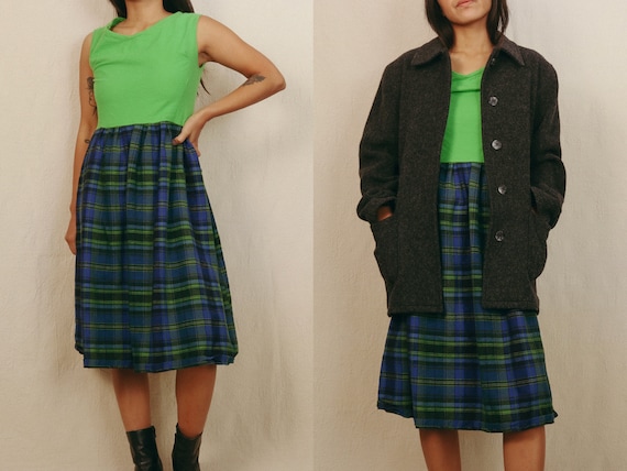 Vintage 60s Handmade Green Plaid Dress | Size Sma… - image 1