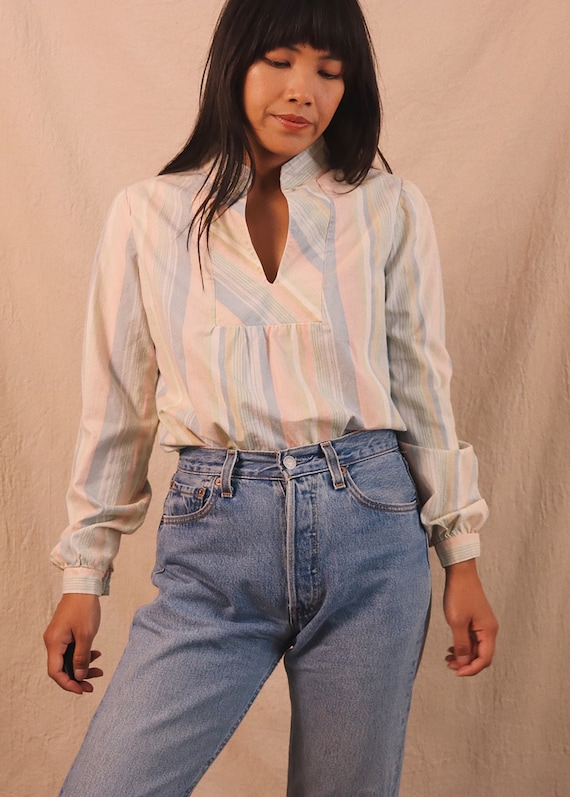 Vintage 70s Pastel Striped Shirt | Size Medium | Long Sleeve
