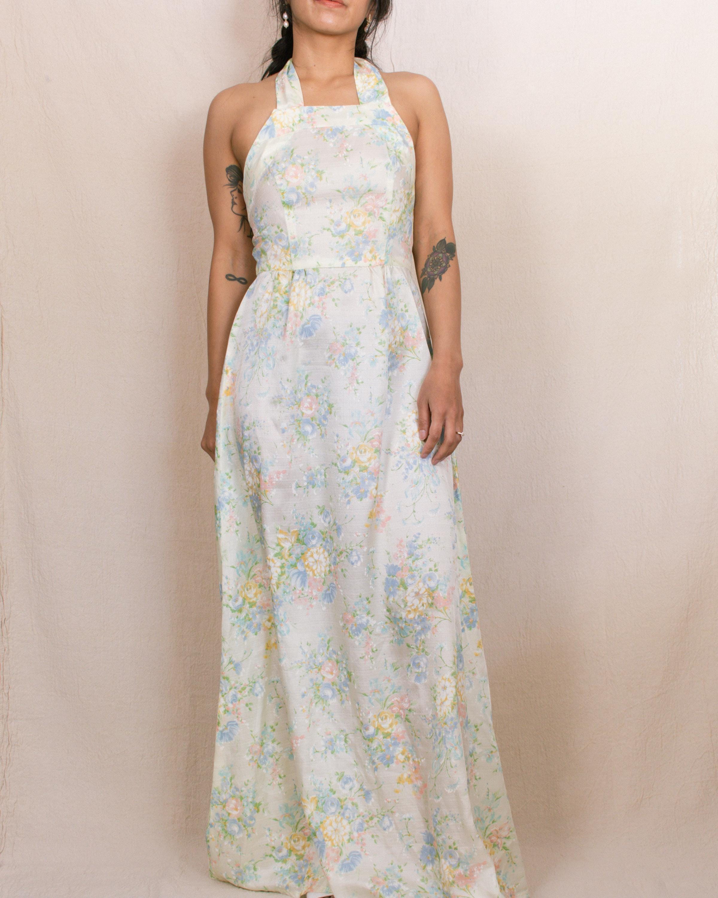 Vintage 70s Pale Yellow Floral Halter Maxi Dress | Size XS - Etsy