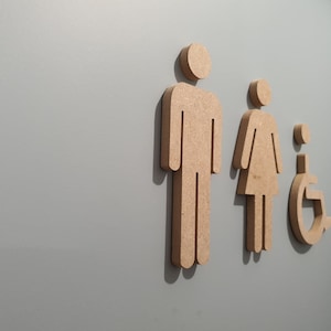 MDF toilet sign, wooden door plaque, male and female icons, WC signage Pictogram