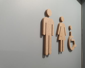 MDF toilet sign, wooden door plaque, male and female icons, WC signage Pictogram