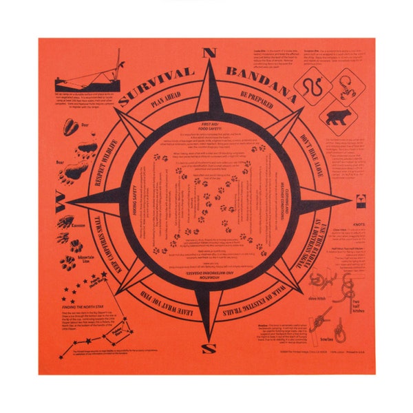 Survival Bandana Emergency Orange Handkerchief Backpacking Hiking Camping Bug Out Bag Gear Tracks Knots First Aid Tarps Prepping Safety EDC