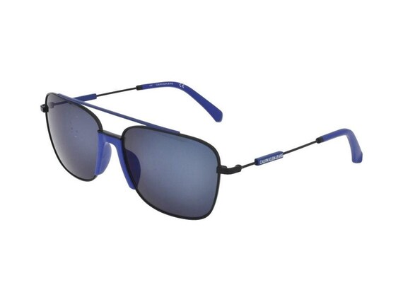 Calvin Klein Jeans - Unisex Metallic Full-Rim Aviator Style Sunglasses - Blue Lenses & Detail - CKJ18100S (001)