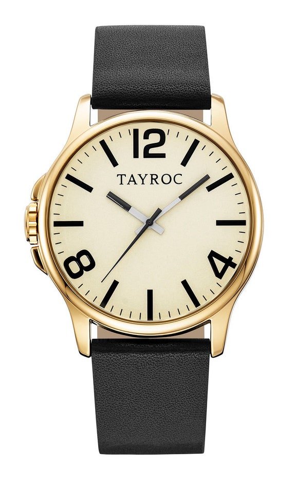 TAYROC Modo Champagne Black Unisex Quartz Leather Strap 42mm TY366 Etsy Ireland