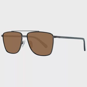 May include: Sunglasses with a dark gray metal frame and a double bridge design. The lenses are a solid brown color. The temples are thin and straight, extending from the outer edges of the square-shaped frames. The overall construction is sleek.