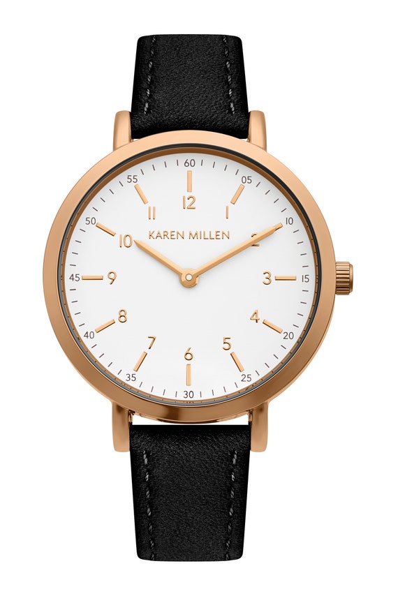 Karen Millen Ladies Wristwatch Round Rose Gold Tone Case Black Leather Strap White Dial SKM163BRG Etsy