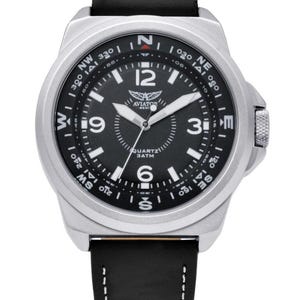 May include: Aviator watch with a silver-coloured case, black dial, and a black leather strap. The watch face displays Arabic numerals, a compass rose, and the text "QUARTZ 3ATM". The strap is 2.2cm wide.
