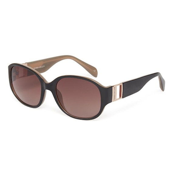 Karen Millen Ladies Oval Sunglasses - Black/Khaki - Gold Detail - Brown Lens - KM5020-001-55