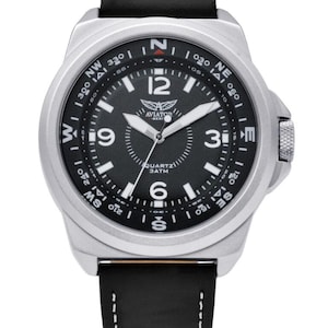 May include: Aviator watch with a silver-coloured case, black dial, and a black leather strap. The watch face displays Arabic numerals, a compass rose, and the text "QUARTZ 3ATM". The strap is 2.2cm wide.