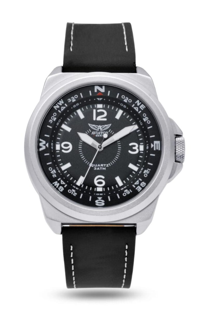May include: Aviator watch with a silver-coloured case, black dial, and a black leather strap. The watch face displays Arabic numerals, a compass rose, and the text "QUARTZ 3ATM". The strap is 2.2cm wide.