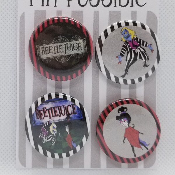 Set of 4 ~ Cartoon ~ Beetlejuice ~  Pin Button or Magnets ~ Phone Holder