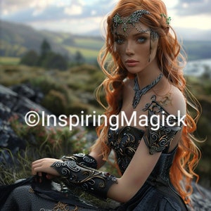 May include: A woman with long red hair wearing a black dress with gold and silver armor accents. She is wearing a silver crown with green gems and a silver necklace. The background is a blurry landscape with green hills and a lake.
