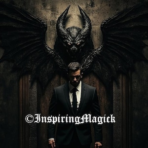 Puede incluir: Un hombre con un traje negro y corbata se encuentra frente a una pared oscura de estilo gótico con una gran escultura de criatura alada negra. El texto "Inspiring Magick" es visible en la parte inferior de la imagen.