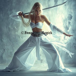 Puede incluir: Una mujer con un atuendo blanco, sosteniendo una espada. El atuendo incluye un top sin tirantes, pantalones de pierna ancha y mangas fluidas. La imagen tiene el texto "Inspiring Magick".
