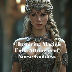 May include: A digital art image of a woman with long blonde hair, wearing ornate silver armor and a crown. The image includes the text "Inspiring Magiek Fulla Attunement Norse Goddess". The woman has a serious expression.