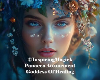 Puede incluir: Retrato de arte digital de una mujer con llamativos ojos azules y una corona floral. La imagen presenta el texto "InspiringMagick Panacea Attunement Goddess Of Healing". El rostro de la mujer está iluminado con luz suave, la estética es etérea y mística.
