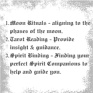 Puede incluir: Fondo blanco con borde texturizado, con texto g&oacute;tico negro. El texto enumera tres servicios: Rituales Lunares, Lectura de Tarot y Uni&oacute;n Espiritual. La imagen est&aacute; dise&ntilde;ada para proporcionar informaci&oacute;n y orientaci&oacute;n.