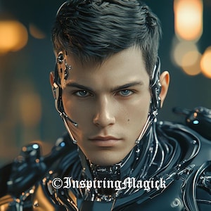 May include: A close-up portrait of a person with short black hair. The person is wearing a futuristic-looking silver and black suit with wires and tubes. The person has blue eyes and a serious expression.