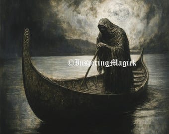 May include: A hooded figure rows a wooden boat across a dark, still lake under a cloudy sky. The figure is wearing a long, dark robe and is holding a wooden oar. The boat is carved with intricate details and has a high prow.