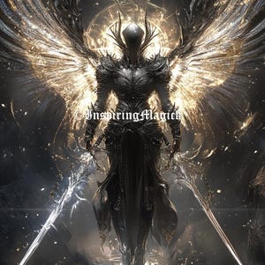 Op de afbeelding: Een donkere, gepantserde engelfiguur met grote, gloeiende witte vleugels. De engel houdt twee zwaarden vast, één in elke hand. De achtergrond is een donkere, sterrenhemel.