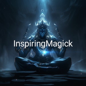 May include: A blue deity with a third eye, sitting in a meditative pose with a beaded necklace and a crown. The deity is surrounded by a blue glow and the text "Inspiring Magick" is visible in the image.