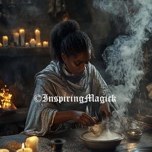 May include: A woman wearing a silver sequined robe stirs a white liquid in a bowl with a wooden spoon. The bowl is on a dark wooden table with candles and other objects. There is smoke rising from the bowl and the text "Inspiring Magick" is visible in the image.