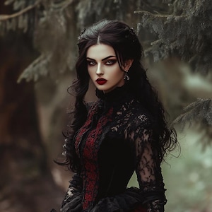 May include: A woman with long dark hair and red lipstick wears a black lace dress with red accents. She stands in a woodland setting.