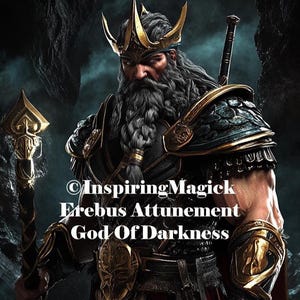 Puede incluir: Obra de arte digital de una figura barbuda con armadura ornamentada y una corona dorada, sosteniendo un bast&oacute;n. La imagen presenta el texto "Inspiring Magick, Erebus Attunement, God Of Darkness" sobre un fondo oscuro y rocoso.