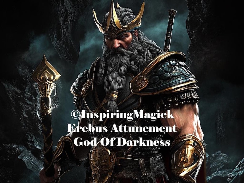 Puede incluir: Obra de arte digital de una figura barbuda con armadura ornamentada y una corona dorada, sosteniendo un bast&oacute;n. La imagen presenta el texto "Inspiring Magick, Erebus Attunement, God Of Darkness" sobre un fondo oscuro y rocoso.