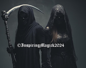 May include: Two figures in black cloaks and masks, one holding a scythe. The image has a dark, gothic aesthetic. The text "InspiringMagick2024" is visible at the bottom. The overall theme is related to Halloween or dark fantasy.