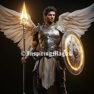 Puede incluir: Un ángel guerrero con alas de plumas, vistiendo una armadura plateada y sosteniendo una lanza y un escudo dorados. El escudo tiene un diseño solar con un halo brillante.