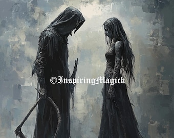 May include: A hooded figure in a dark robe stands facing a woman in a long black dress. The woman has long dark hair and a pale complexion. The background is a blurry, gray and white landscape.