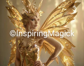 May include: A woman wearing a gold and white costume with large, feathery wings. The wings are decorated with glitter and sequins. The costume is reminiscent of a fairy or angel.