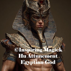 May include: A detailed image of a person wearing an ornate Egyptian pharaoh headdress and collar. The headdress is gold and blue, with intricate detailing. The text on the image reads "Inspiring Magick Hu Attunement Egyptian God."