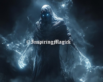 May include: A shadowy figure with glowing blue eyes and hands, wearing a hooded robe, stands in a swirling mist. The text "© InspiringMagick" is visible in the lower center of the image.