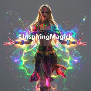 Könnte beinhalten: Eine Frau mit langen blonden Haaren und einem roten Punkt auf der Stirn steht mit ausgestreckten Armen, umgeben von wirbelnder, bunter Energie. Sie trägt ein farbenfrohes, gemustertes Outfit mit einem goldenen Gürtel und Armbändern.