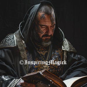 以下が含まれることがあります： 黒のフード付きローブを着て、複雑な銀色のディテールと銀のチェーンネックレスをつけた男性が、大きな革装丁の本を読んでいます。彼はあごひげを生やし、顔に詳細なタトゥーをしています。画像の右下隅には「Inspiring Magick」というテキストが表示されています。